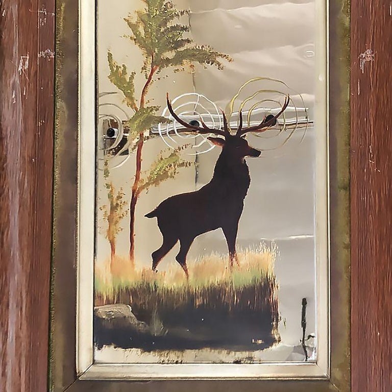 Mid-Century Modern Hand Painted Buck on Mirror with Walnut Frame