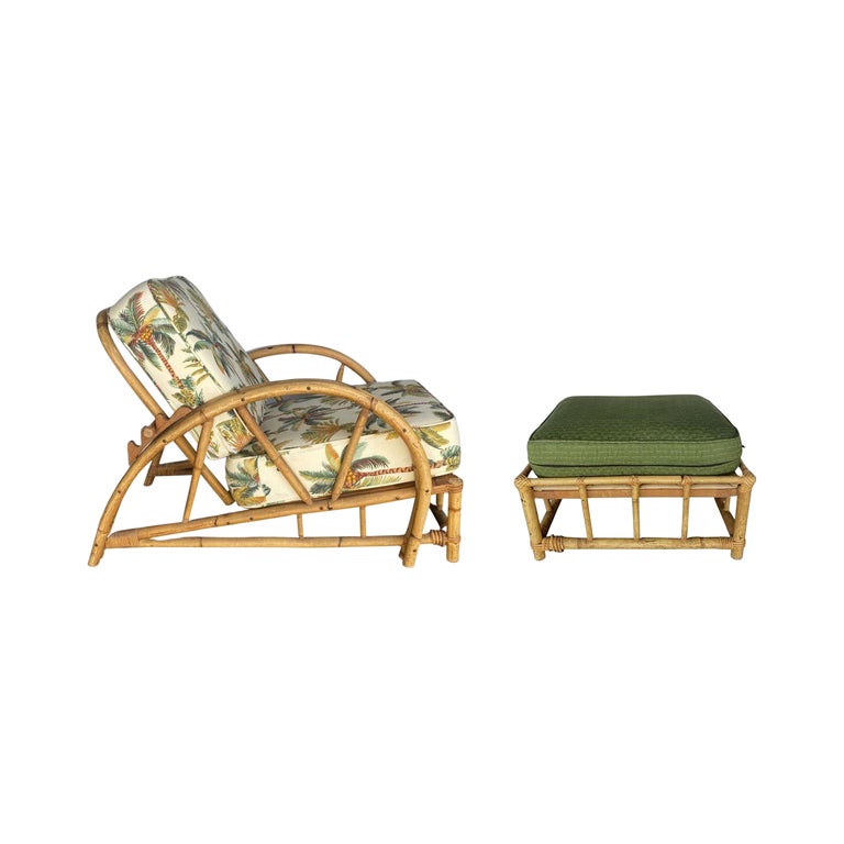 Restored 2-Strand Half Moon Rattan Lounge Chair w/ Adjustable Back & Ottoman