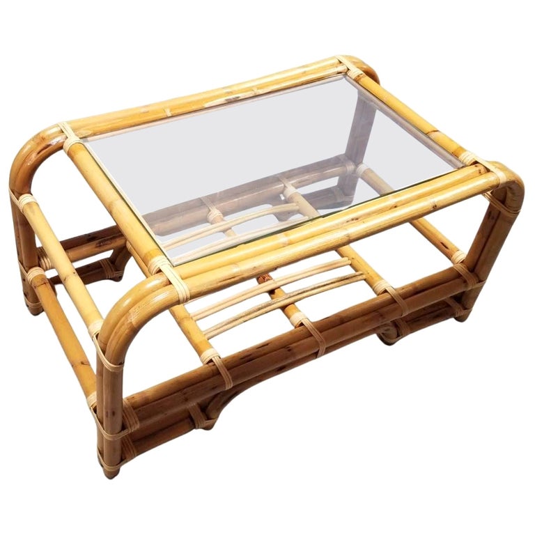 Restored 2-Tiered Rattan Coffee Table w/ Glass Top