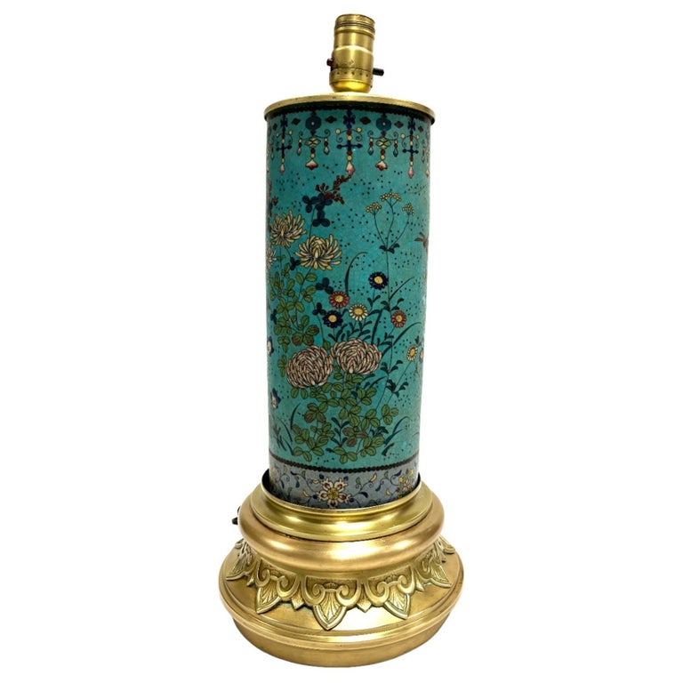 Vintage Cloisonne Inlaid Floral Turquoise Table Lamp
