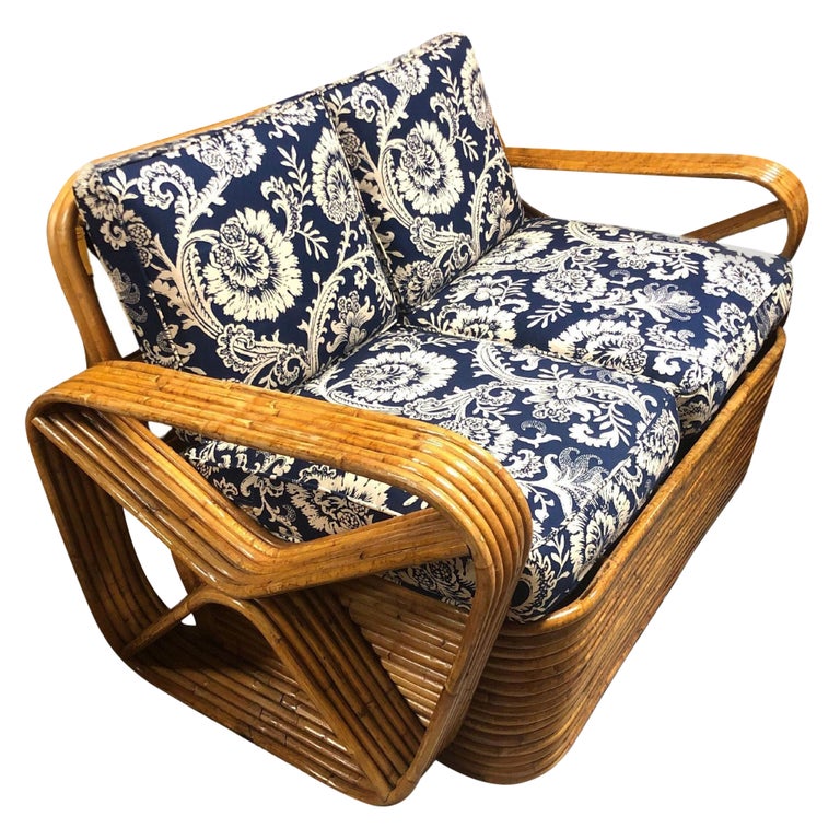 Restored MCM Six-Strand Double Triangle Pretzel Arm Tortoise Shell Rattan Settee