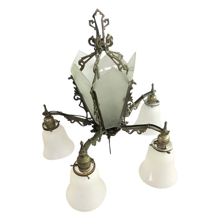 Art Deco Slat Glass Hanging Light Chandelier With Geometric Details