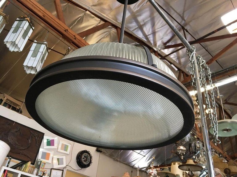 Industrial Ribbed Pendant Lamp Holophane Style Pair