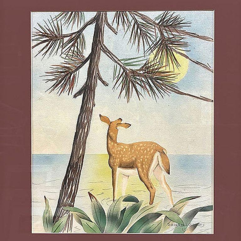 Deer Scenic Watercolor on Paper Signed by Shirrell Graves in Bamboo Frame, Pair