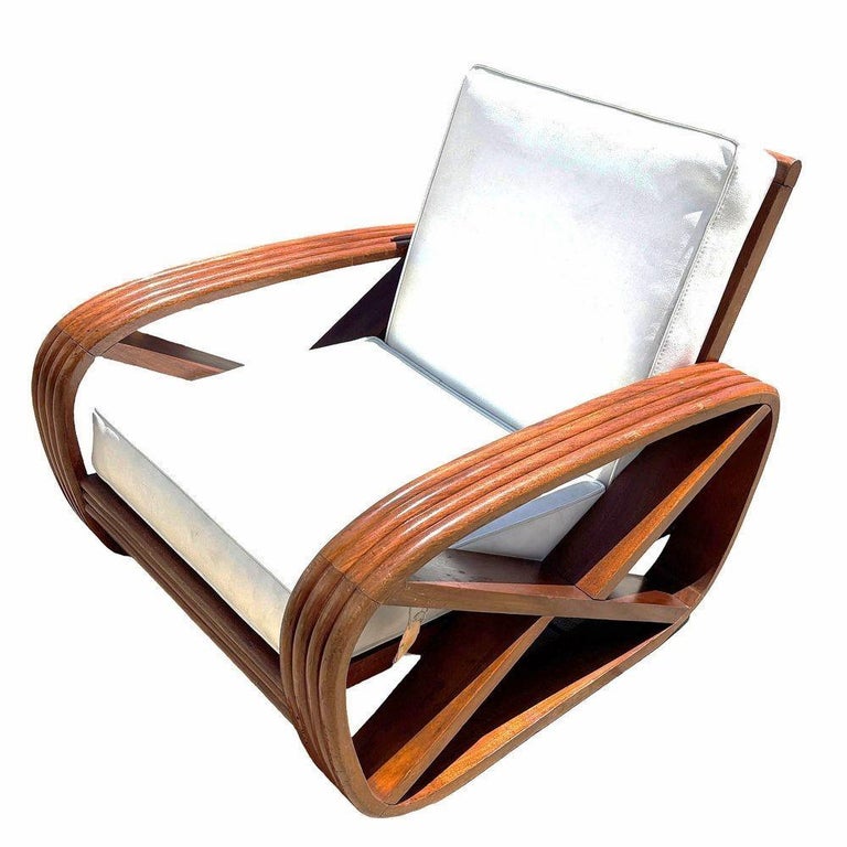 Rare 4-Strand like Carved Mahogany Square Pretzel Faux Rattan Lounge Chair, Pair