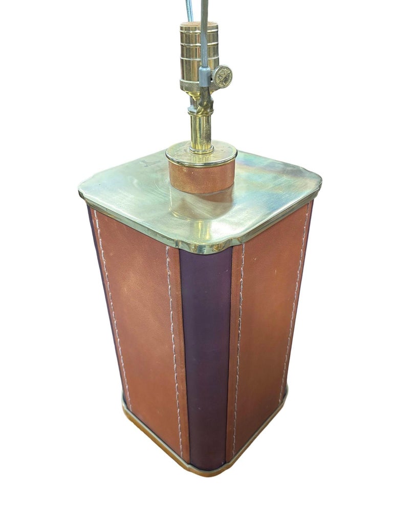 Two-Toned Square Leather Wrapped Table Lamp with Gold Trim