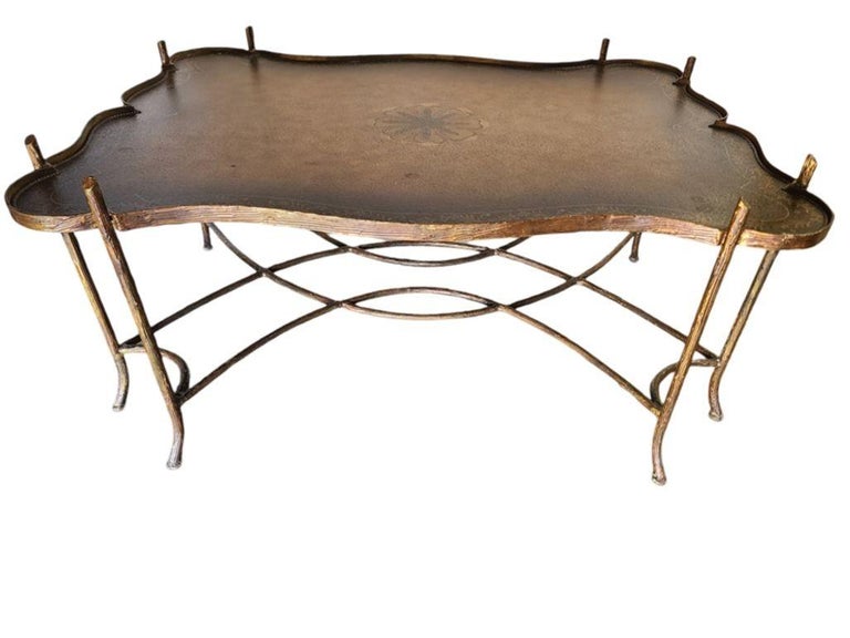 Maitland Smith Gilded Iron Faux Bois Tray Top Statement Tole Cocktail Table