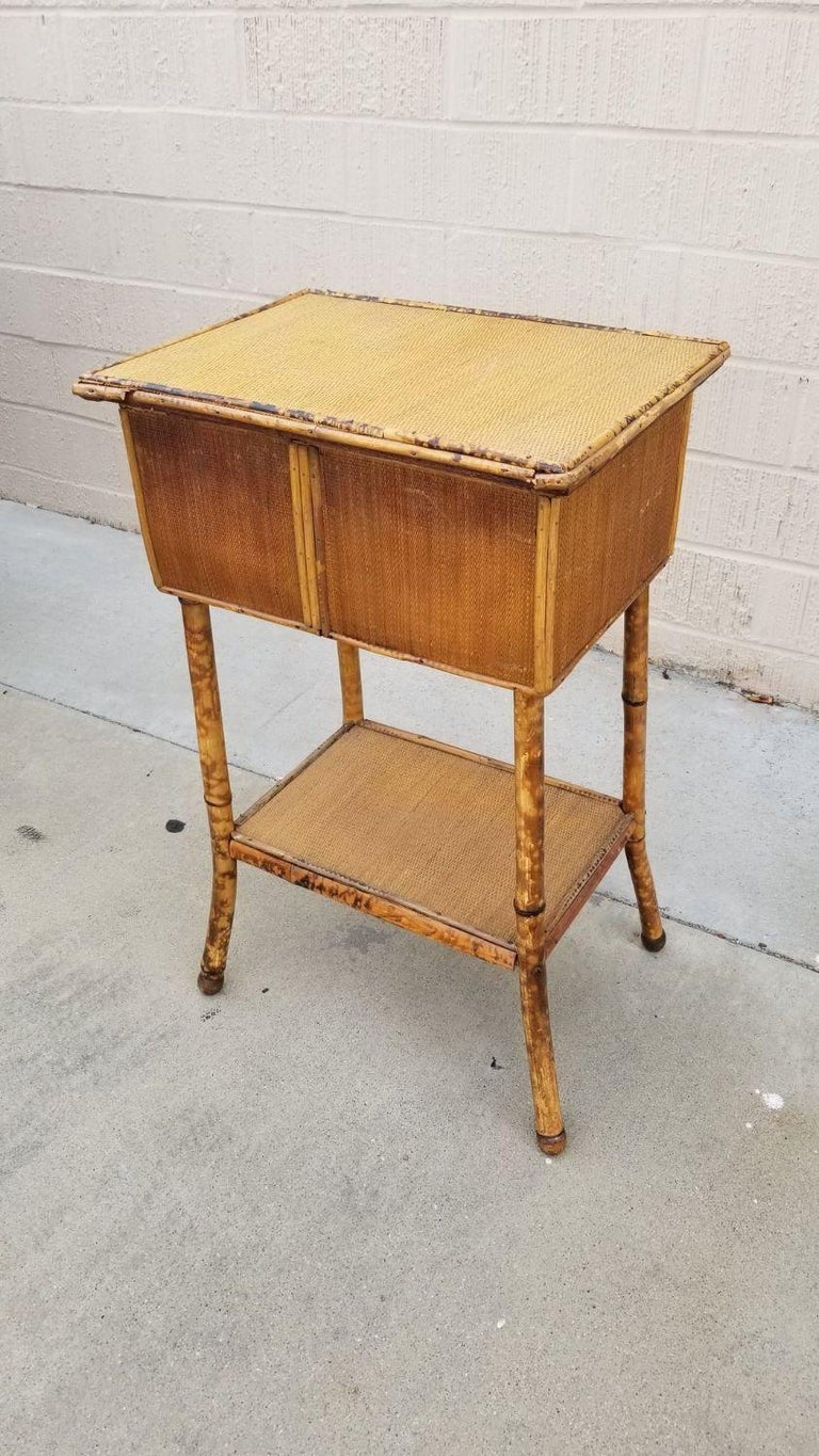 Restored Tiger Tortoise Bamboo Pedestal Side Table Storage Box