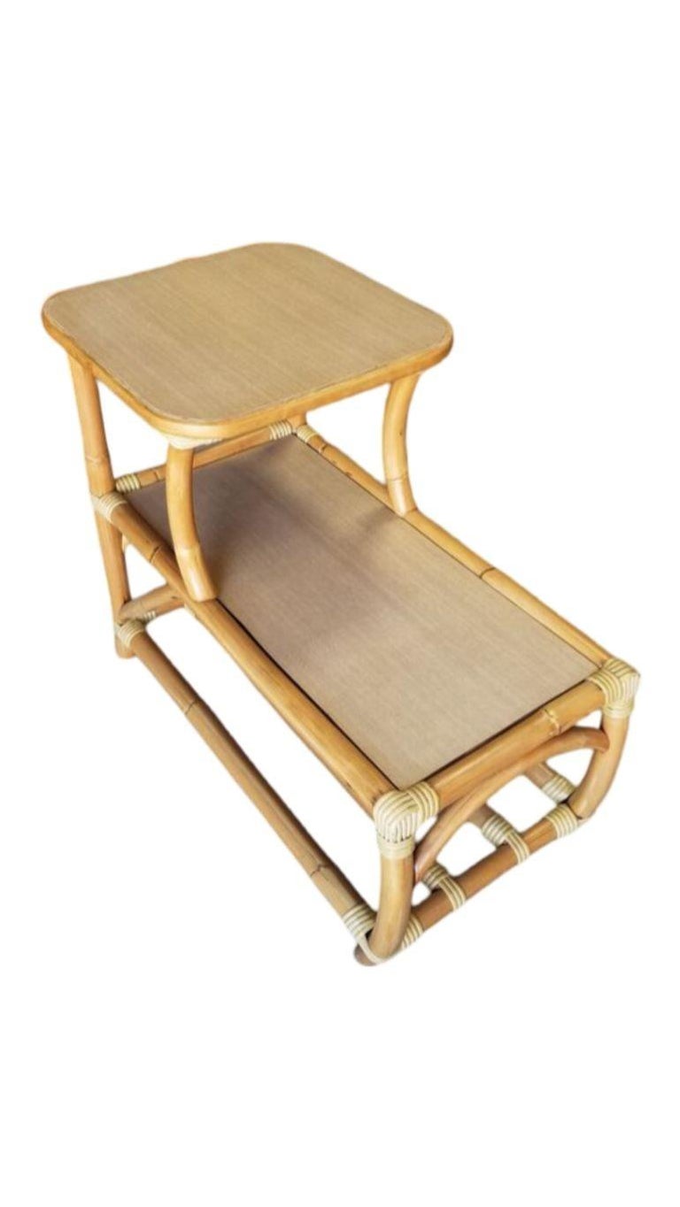 Restored Rattan Side Table 2-Tier w/ Formica Top - Set of 2