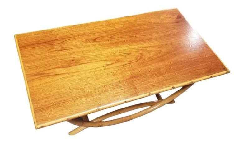 Restored Mid-century Rattan Coffee Table w/ Arched Legs & Mahogany Top