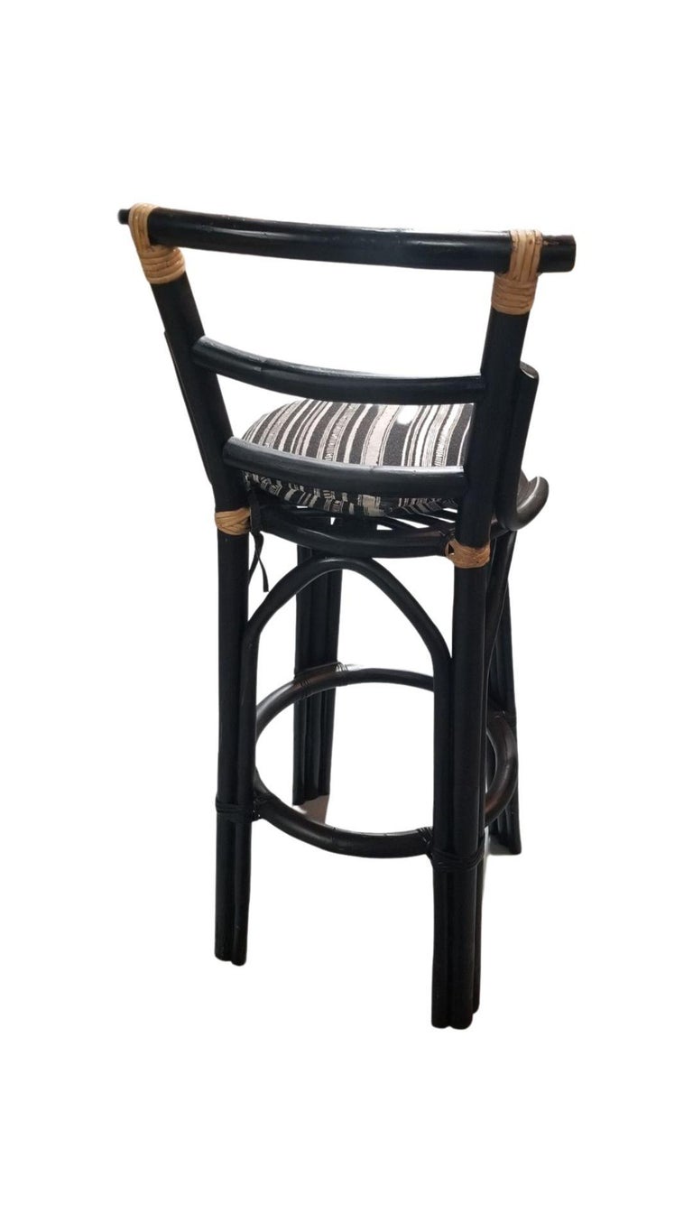 Restored Black Rattan Bar Stools Pair in the style of John Wisner