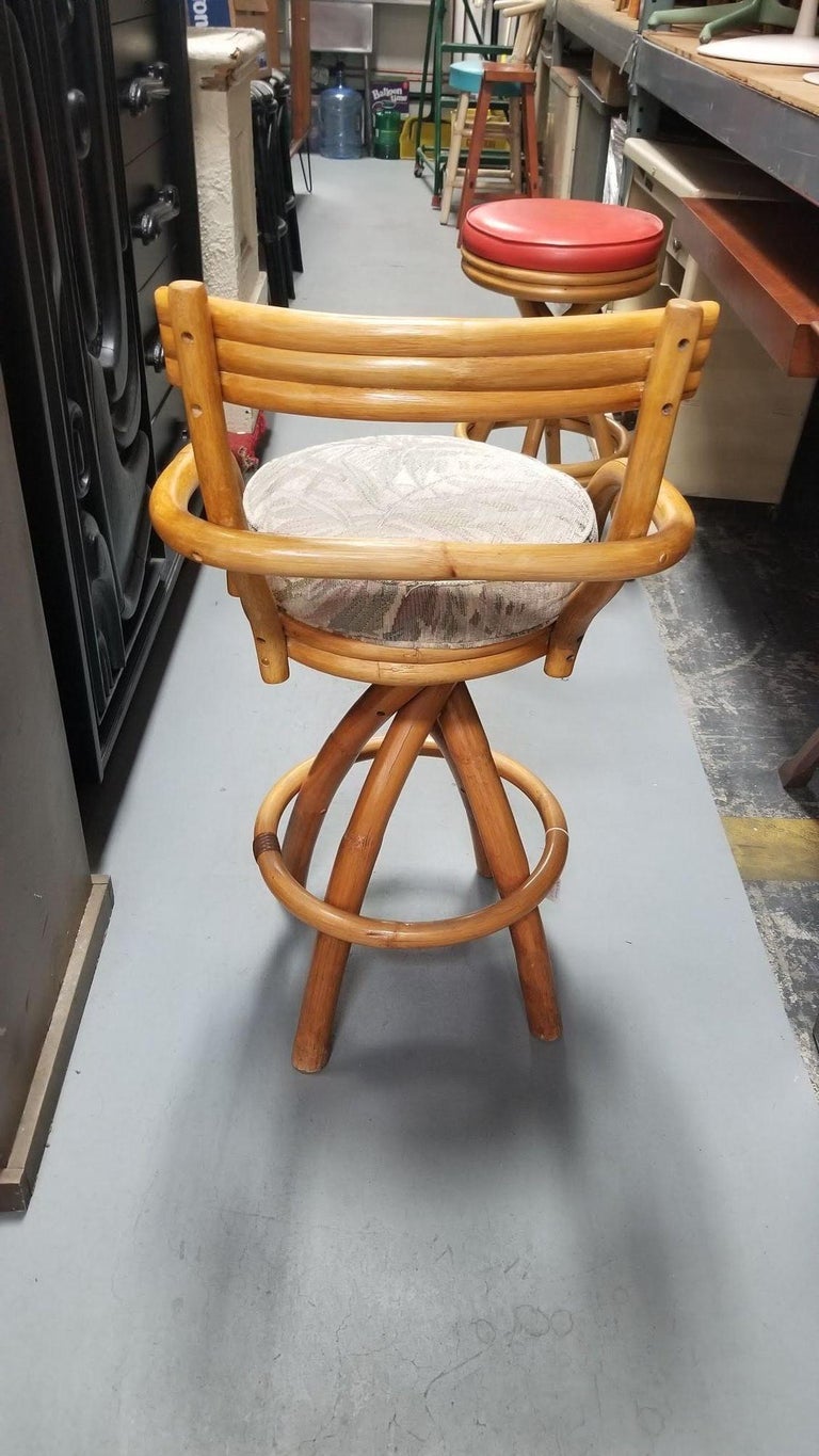 Restored Rattan Pair of Two Stacked Back Bar stools w/ Botanical Fabric Seats