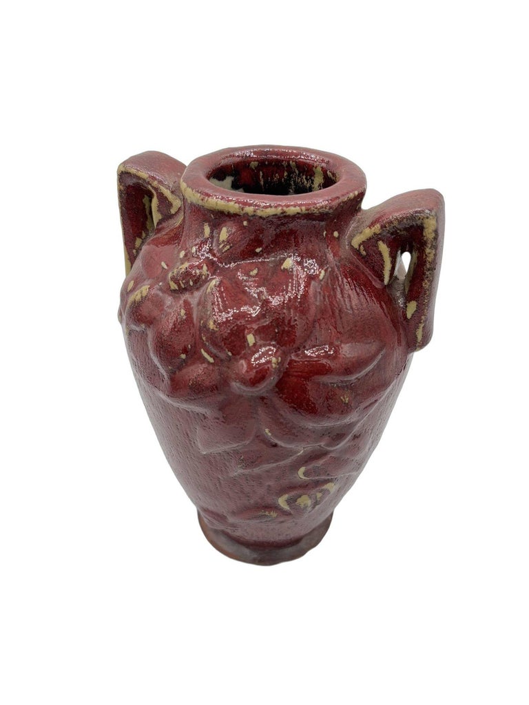 Red Art Pottery Vase with Dual Handles & Sculpted Floral Relief