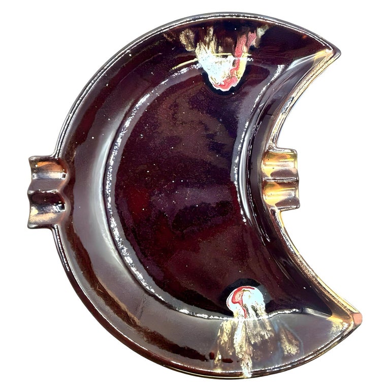Mid Century Ceramic Crescent Shaped Glazed Ashtray Dish