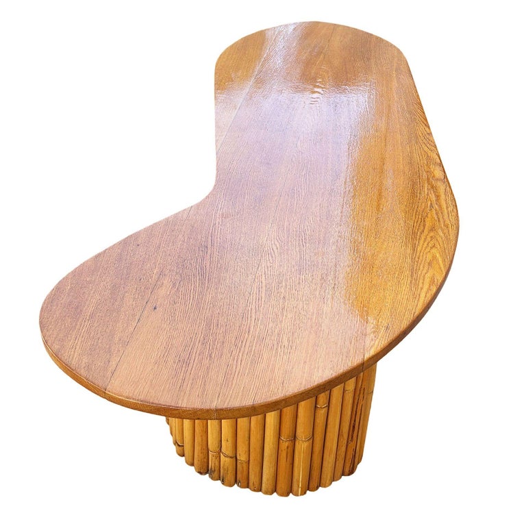 Restored Rare Mid-Century Rattan and Mahogany Asymmetric "J" Coffee Table