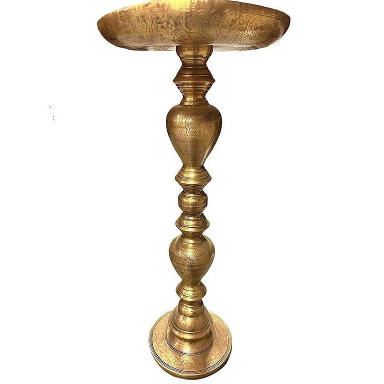 Hand Etched Brass Moroccan Floor Candelabra, Pair