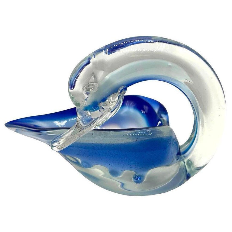 Hand Blown Blue & Transparent Murano Art Glass Swan Ring Tray