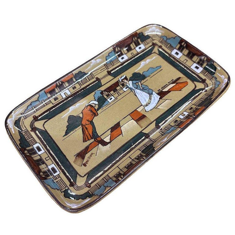 Edwardian Era Pottery "Ye Olden Days" Card Dish by Buffalo Pottery Deldare Ware