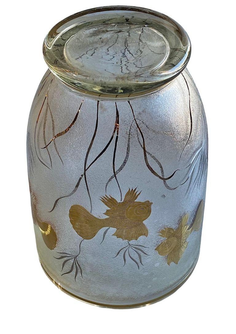 Monumental Etched Glass Vase with Gold Fish Overlay
