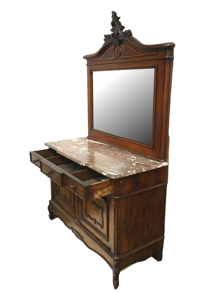 Louis XVI Solid Oak Dressing Vanity Table with Mirror and Marble Top