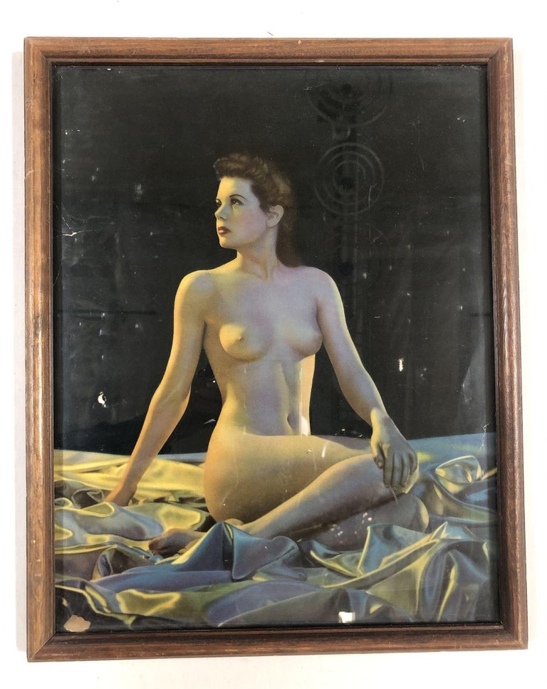 1942 WWII Pin-up Nude Female Lithograph by Signed C Moss in Wood Frame