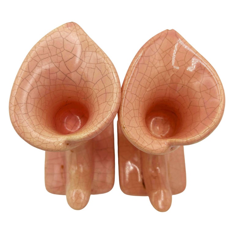 Mid-century Modern Pink Calla Lilly Horn Shaped Ceramic Vase, Pair