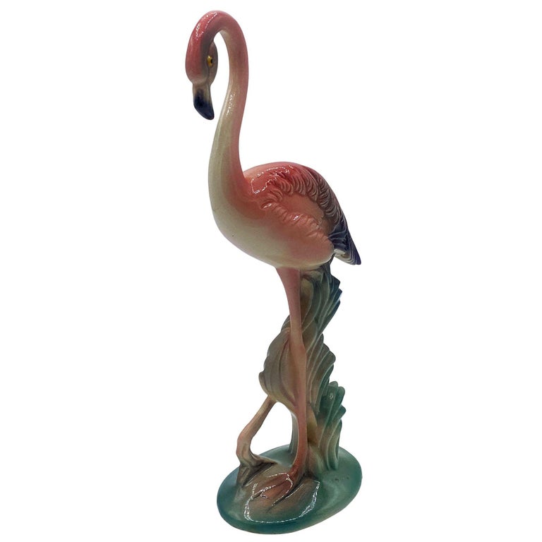 Matching Mid-century Pink Flamingo Ceramic Tabletop Statue Set By Brad Kealer