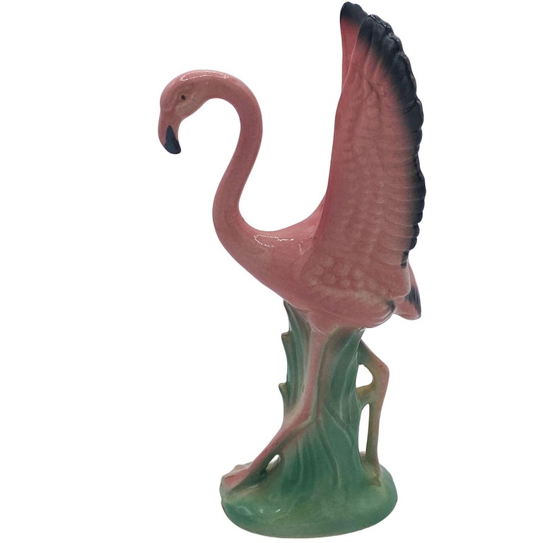 Mid-century Ceramic Mid Flight Pink Flamingo Tabletop Statue Set By Leftons