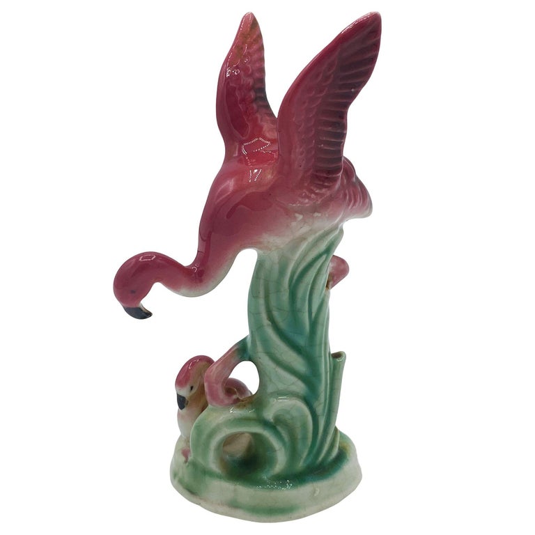 Mid-century Ceramic Miniature Pink Flamingo Tabletop Statue By Leftons