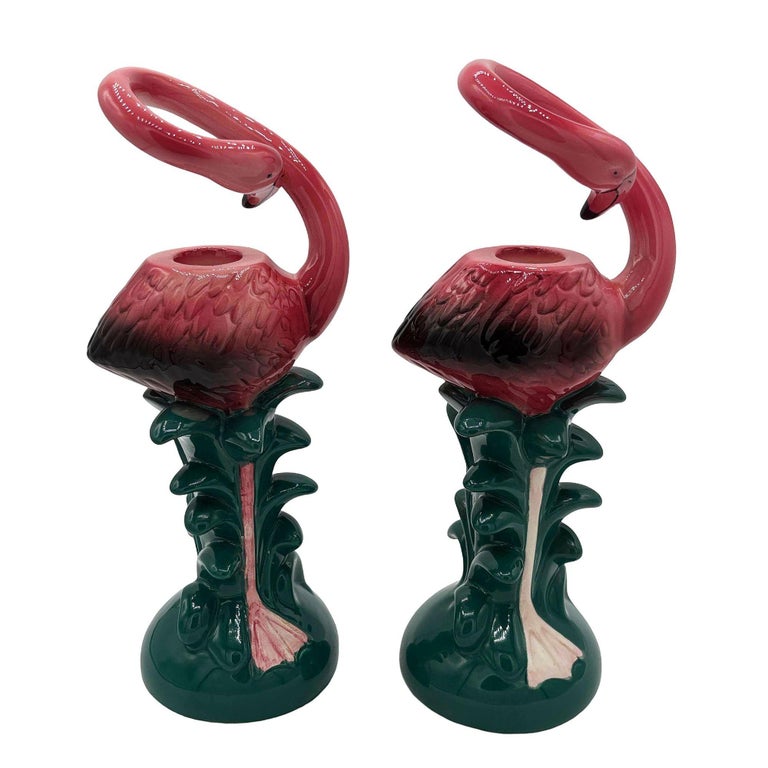 1986 Tropical Pink Flamingo Ceramic Candle Holder Pair by Five & Dime