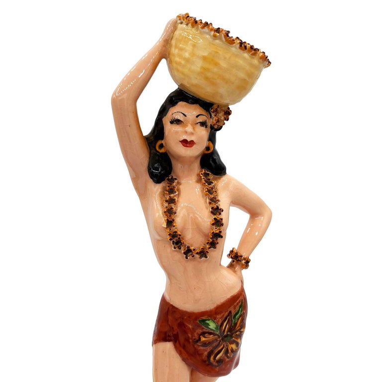 Mid-Century Hand Painted Hawaiian Hula Girl & Native Male Ceramic Statue Set