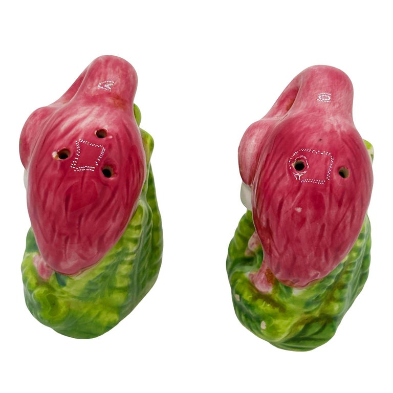Mid-century Pink Flamingo Tropical Leaf Ceramic Salt & Pepper Shaker Set