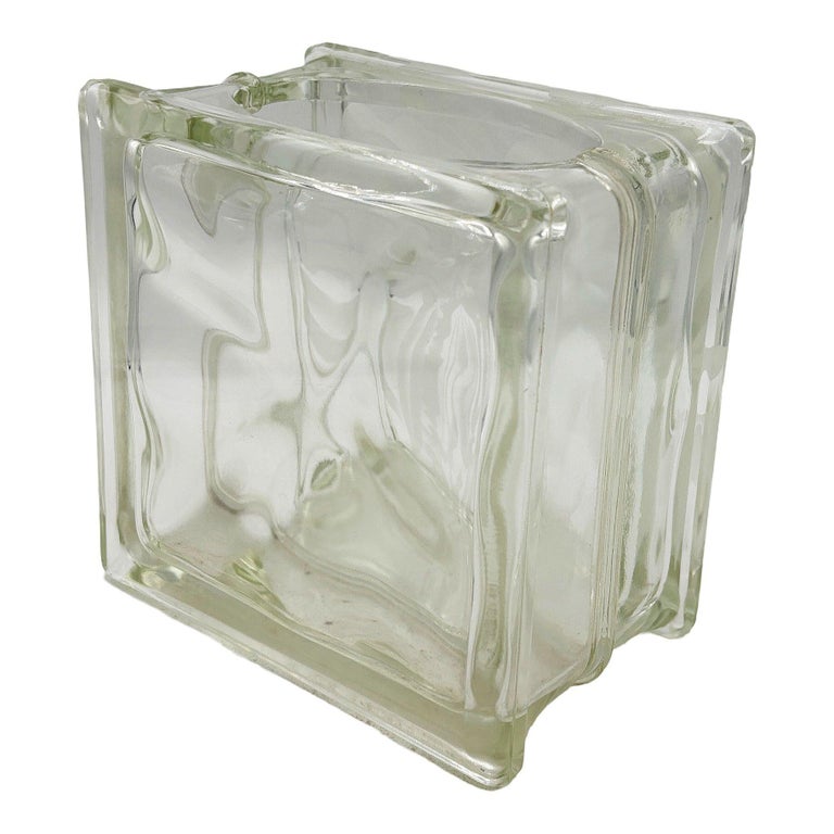 1970 Brutalist Postmodern Glass Block Table Vase w/ Acid Etched Hibiscus
