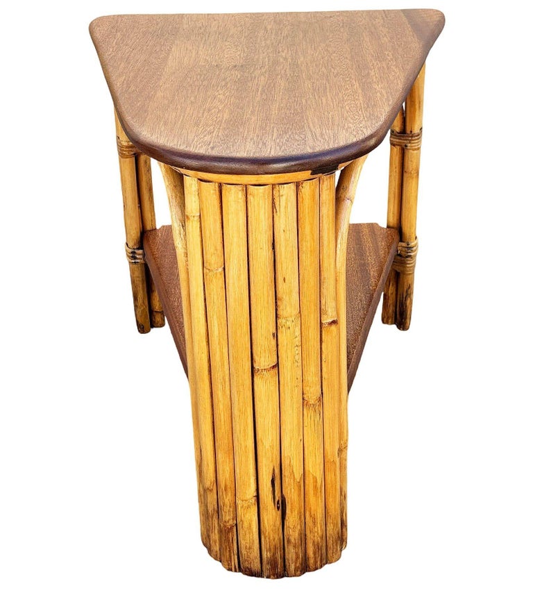 Restored MCM Rattan & Mahogany 7-strand Vertically Stacked Rattan Wedge Table