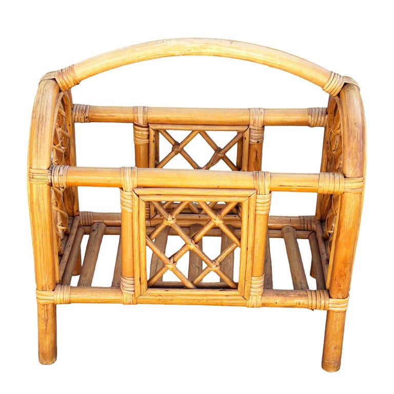 Restored Mid-century Rattan "Triumphal Arch" Magazine Rack with Handle