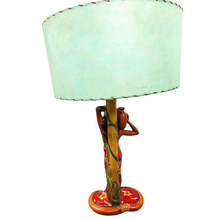 MCM Hand Painted Hawaiian Hula Resin Table Lamp by Santana w/ Wipplestitch Shade