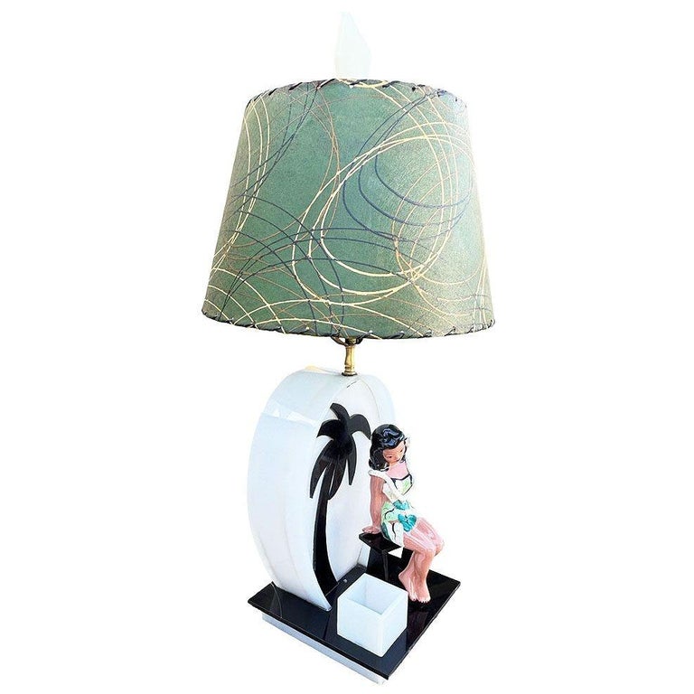 Mid-century Acrylic Hula Girl Midnight Palm Silhouette Table Lamp by Moss