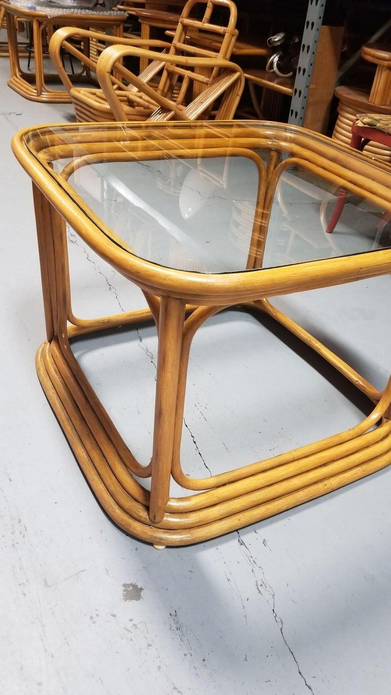 Restored Pair of 4-Strand Rattan Cubist Legs Coffee Table with Glass Tops