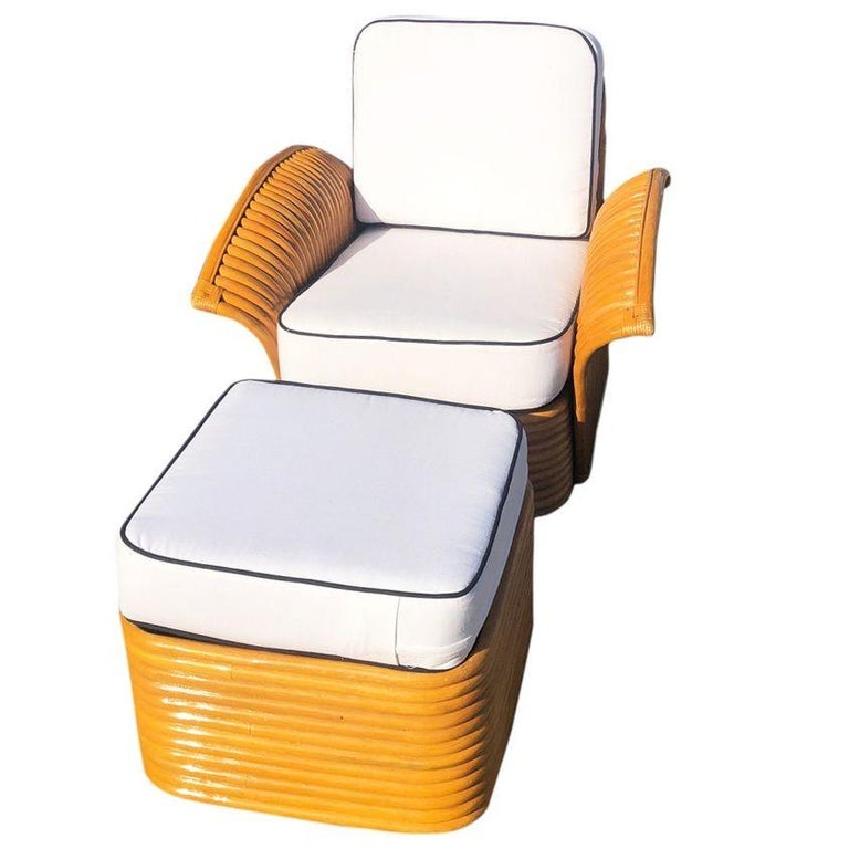 Vintage Art-Deco Style Rattan Fan Arm Lounge Chair/Ottoman Set, 3 sets Avail