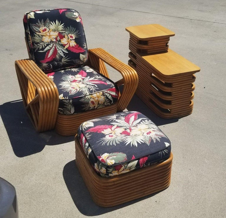 Restored Rattan 6 Strand Square Pretzel Lounge Chair Livingroom Set
