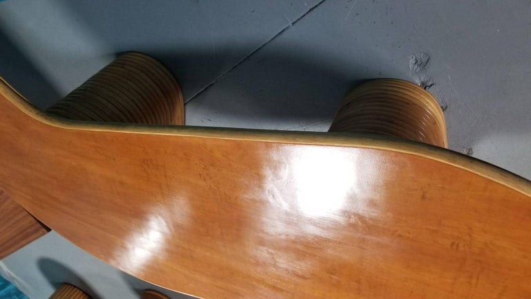 Restored Rattan & Mahogany Asymmetric "J" Coffee Table