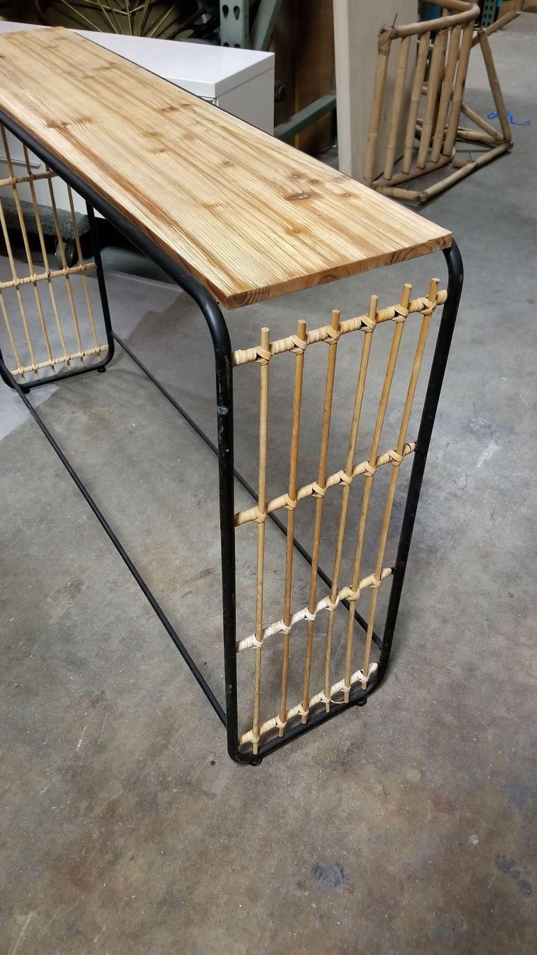 Restored Blonde Wood and Reed Rattan Waterfall Console Table