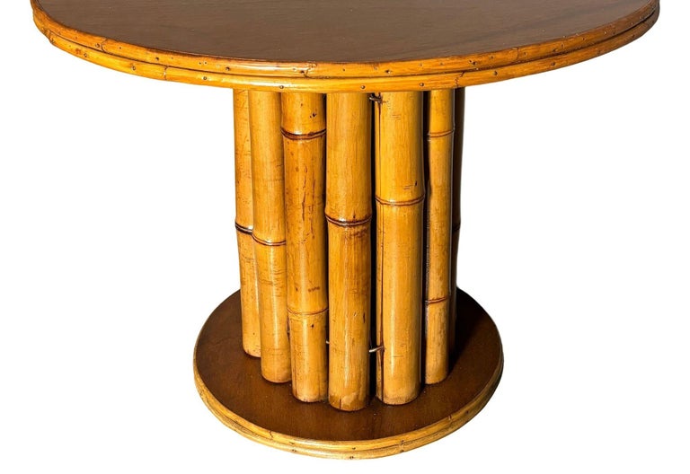 Restored Rattan & Mahogany Round Pedestal Side Table