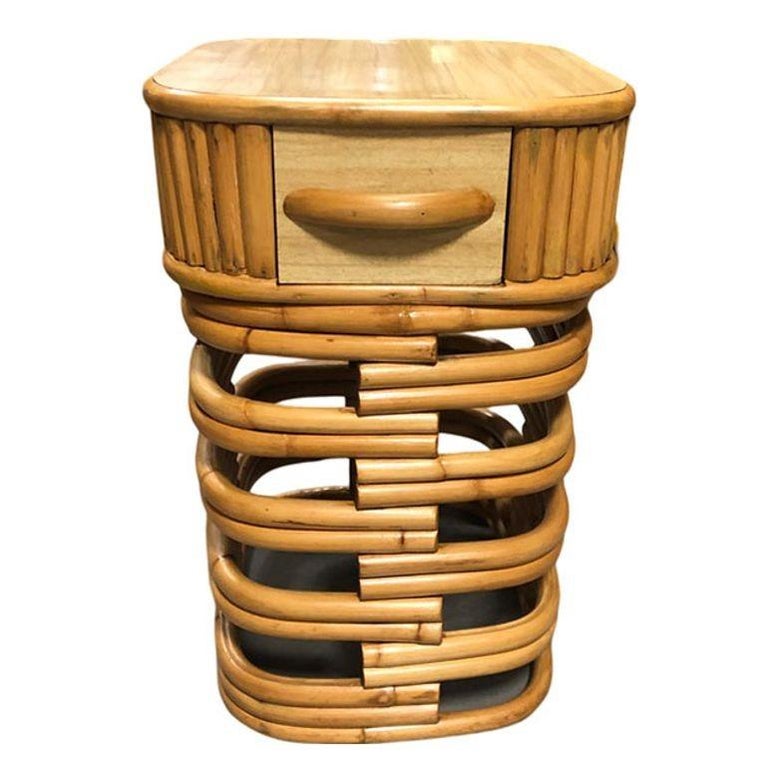 Restored Modernist Stacked Rattan Nightstand Side Table w/ Formica Top, Pair