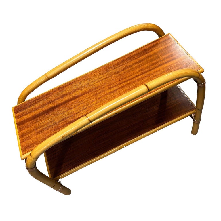 Rattan & Mahogany Double Arch "Tropitan" 2-Tier Side Table by Ritts, Pair
