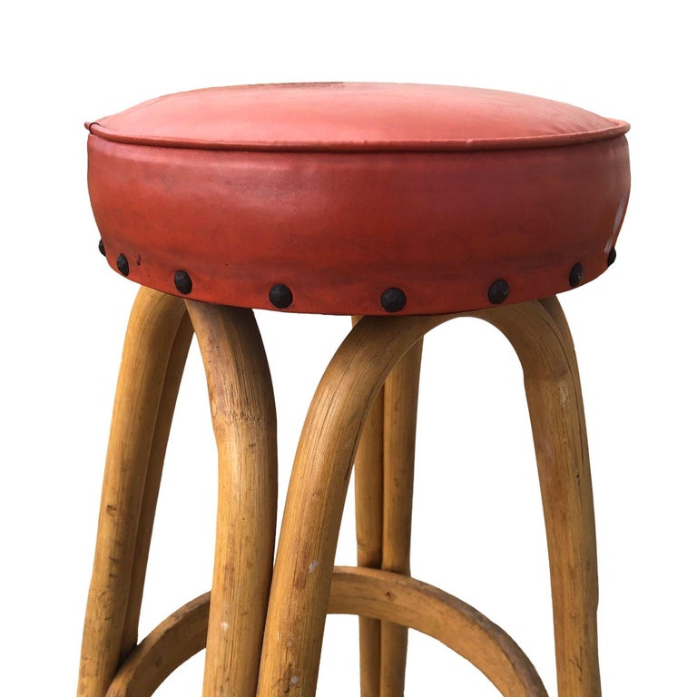 Restored arched Rattan Bar Stools w/ Studded Nailhead Red Seats, Set of 5