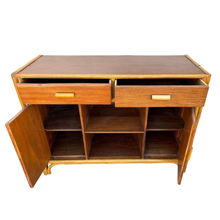 Restored Early Mid-century Stacked Rattan Credenza TV Stand w/ Mahogany Top