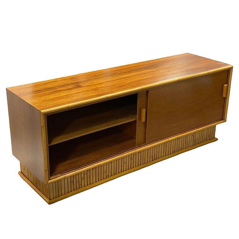 Restored Frankl Style Rattan & Mahogany Credenza TV Stand W/ Stacked Rattan Base