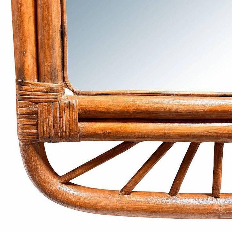 Restored Single-Strand Rounded Rattan Wall Mirror W/ Stick Reed Rattan