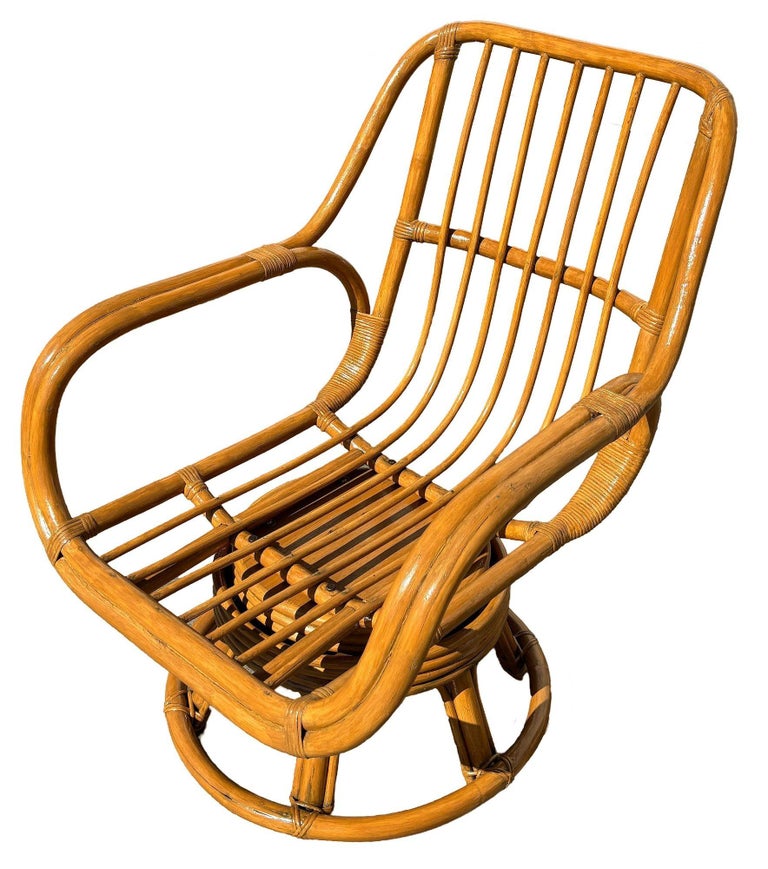 Restored Rattan Double-Strand Swivel Seat Lounge Chair